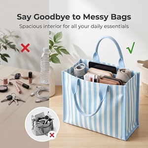 Bolsa de Compras de Lona a Rayas Azul y Blanco, Gran Capacidad, para Mujer, con Logotipo Personalizado, para Uso Diario en la Playa, Venta al Por Mayor - Product Image 2