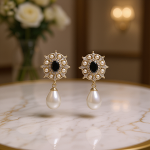 Orecchini a perno vintage placcati oro con fiore e perla finta a goccia pendente per donna, gioielli da sposa - Product Image 2