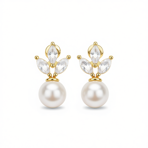 Orecchini a perno placcati oro con perle e cristalli taglio marquise, design floreale, per donna, gioielli alla moda da matrimonio - Product Image 1