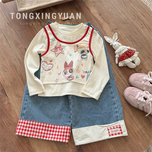Tongxingyuan Girls Cartoon T Shirt Denim Pants Set Autumn Cotton Outfit For Kids - Product Image 1