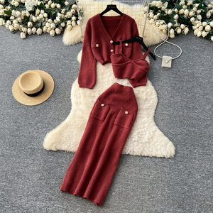 Set Economico da Donna in Due Pezzi: Top con Scollo a V e Bordi in Pizzo, Cardigan a Maniche Lunghe con Gonna Midi a Vita Alta, Stile da Ufficio - Product Image 4