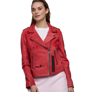 Chaqueta de Cuero Transpirable de Moda para Mujer, Estilo Motociclista Vintage de Invierno, Color Rojo - Product Image 3
