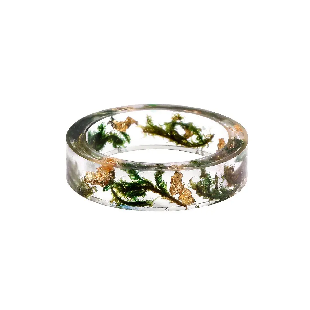 Anelli in resina moda SC anelli in cristallo trasparente alla moda Boho ambra verde muschio lamina d'oro fiore secco anello in giada resina per donna