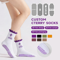 Atmungsaktive Lila Lavendel Lotusblatt Spitzenstreifen Mittellange Rutschfeste Bodensocken für Yoga und Pilates