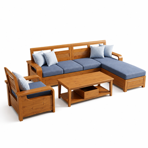 Ensemble de canapé sectionnel en forme de L en bois massif moderne, coussin en tissu bleu, rangement, meubles de salon en provenance d'Indonésie - Product Image 4