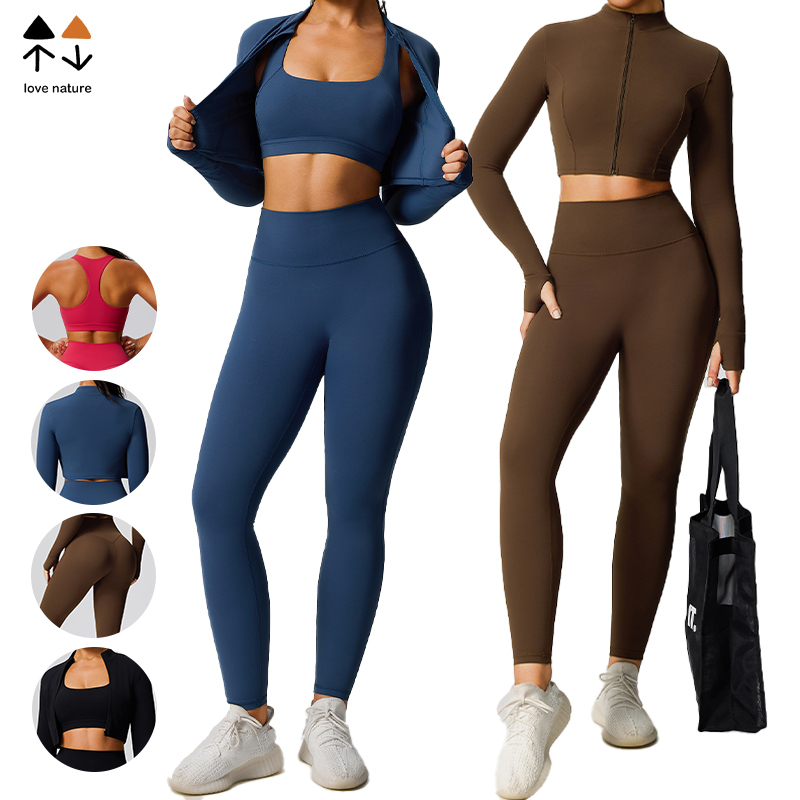 Hot-selling Women's Solid Cloud-feel Nylon/spandex Stretch Yoga Three-piece Set Quick-dry Breathable Suitable Outdoor Running