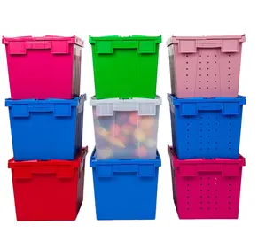 Caixas de plástico para transporte de recipientes industriais, caixas de plástico resistentes, com tampa anexada