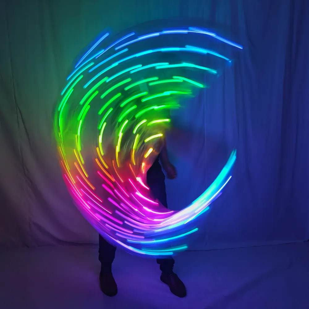 LED 베일이있는 실크 밸리 댄스 퍼포먼스 웨어 레인보우 직사각형 베일 소품 액세서리