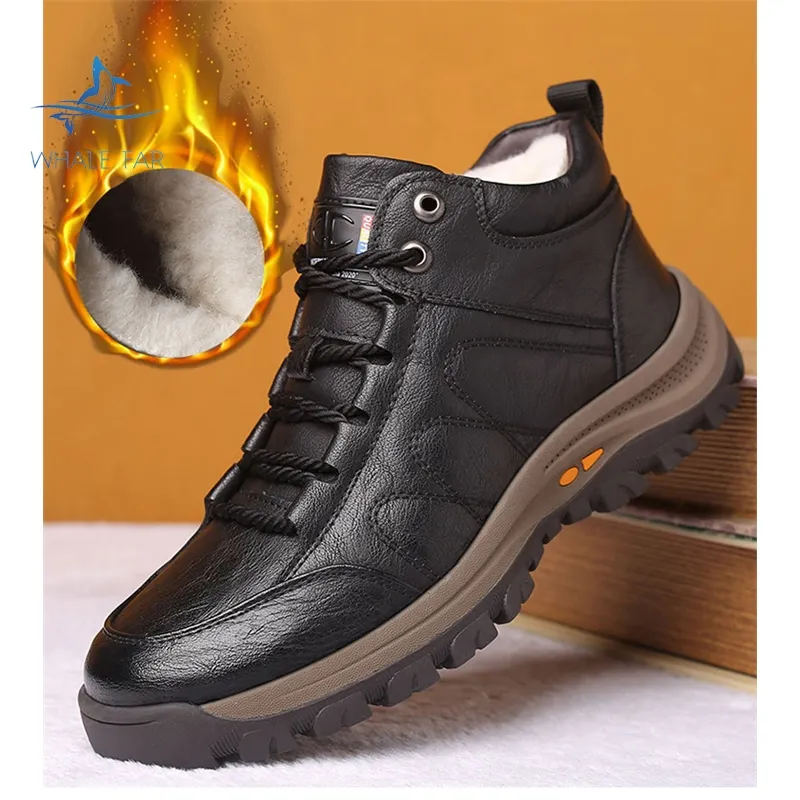 2021 Snow Winter Boots Men Laces Up Outdoor Ankle Boots Men Shoes With Warm Sheep Fur Rubber Sole Hot Leather Boots for Men