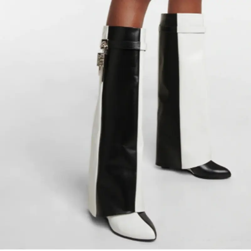 2022 Fashion Fold Over Women Boots Black White Leather Round Toe Wedge Heel Women Knee High Pants Boots With Lock