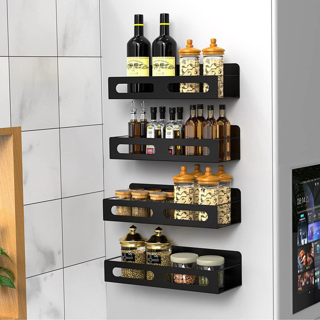 Stainless Steel Moveable Spice Organizer Strong Magnet Metal Black Shelves for Kitchen Storage Organization