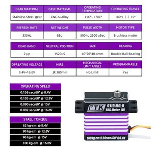 Servomoteur numérique PTK 9110 MG D Brushless 100KG 16.8V à couple élevé et engrenages métalliques pour la mise à niveau et le remplacement des avions à réaction à <span class=keywords><strong>turbine</strong></span> - Product Image 2