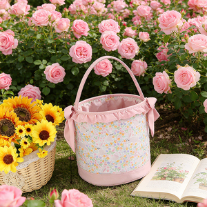 Panier de Pâques <span class=keywords><strong>en</strong></span> <span class=keywords><strong>toile</strong></span> personnalisé à volants imprimés <span class=keywords><strong>en</strong></span> gros, motif floral de lapin de Pâques, paniers de Pâques pour enfants - Product Image 3