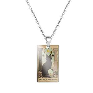 La Alta Sacerdotisa Tarot tarjeta gatos Arcana Vintage pintura al óleo UV Color impresión Acero inoxidable collares colgante para Mujeres Hombres - Product Image 5