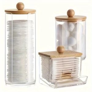 Transparent Cotton Swab Storage <b>Box</b> <b>With</b> Wooden <b>Lid</b> For Desktop Cosmetic Organization 2 Layer Design Dust Proof Plastic - Product Image 1