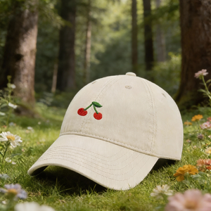 Casquette de baseball en coton 100% à 6 panneaux avec motif de cerises en point d'aiguille, visière incurvée, snapback, casquette de sport en gros - Product Image 2