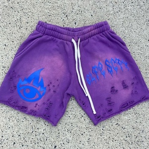 Shorts pour hommes en tissu délavé à l'acide, avec logo imprimé à l'écran, de haute qualité, style streetwear personnalisé, couleur unie, cordon de serrage, effet délavé - Product Image 3