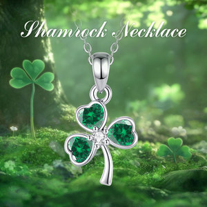 Collana Changda per il Giorno di San Patrizio, Ciondolo Quadrifoglio Portafortuna, Zirconia Cubica Verde, Placcato in Rodio, Catena a Maglie, Gioiello Celtico - Product Image 5