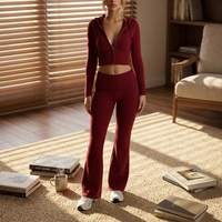 Ensemble Lounge Femme 2 Pièces en Tricot : Sweat à Capuche Court Zippé à Manches Longues avec Cordon de Serrage et Pantalon Évasé