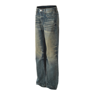 Jeans en denim coupe bootcut personnalisés pour hommes, style streetwear vintage, denim délavé, taille mi-haute, coupe ample, décontractés - Product Image 2