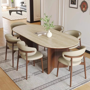 طاولة طعام فاخرة عصرية بيضاوية الشكل من الرخام والخشب الصلب مع سطح من الحجر الصناعي الترافرتين - Product Image 1