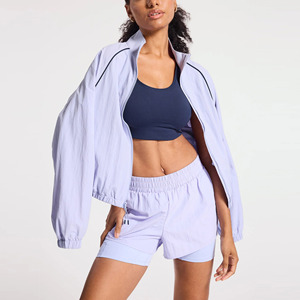 Trọng Lượng Nhẹ Tương Phản Chạy Áo Gió Đầy Đủ Zip Áo Khoác Womens Áo Gió Quần Short Thiết Lập Màu Trắng - Product Image 6