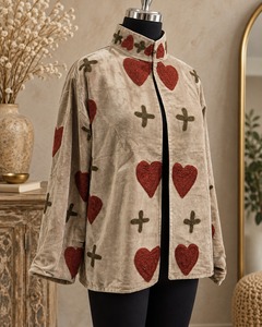 Veste en velours beige brodée Suzani pour femme, élégante, florale, ethnique, vêtement d'extérieur d'hiver, tenue de soirée de créateur, mode en gros - Product Image 4