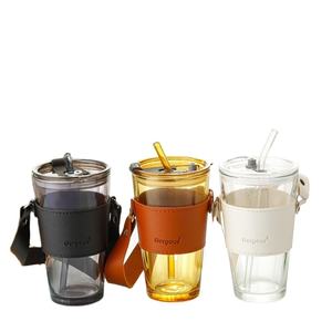Tasses à café en verre anti-brûlure de 400 ml/450 ml avec paille, manchon en cuir portable et soucoupes à thé avec poignée – Vente en gros - Product Image 1
