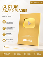 Trophée, médaille et plaque personnalisés en métal, avec bouton de lecture, en argent et or, pour récompenses YouTube, cadeau idéal, cadeaux de bienvenue, vente en gros
