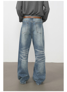 Jeans pour hommes en denim coupe droite vintage bootcut, style streetwear décontracté, effet délavé Monkey Wash, avec logo personnalisé, en coton, vente en gros - Product Image 3