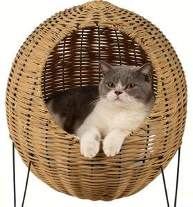 Maison pour chat en rotin de qualité supérieure sur pieds trépieds surélevés, lit pour chat surélevé avec coussin doux, panier pour animaux de compagnie moderne fait à la main - Product Image 2