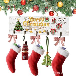 Vintage Christmas Wooden <b>Hanging</b> Sign <b>White</b> Rectangle Door Decor With Stocking Hooks Home Decoration - Product Image 2