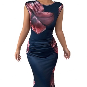 Vestidos Elegantes de Tela Ligera de Lujo para Mujer, Personalizados al por Mayor, OEM, Estampados, sin Mangas, con Flores en la Cadera - Product Image 2