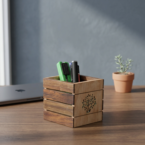 Soporte para Bolígrafos de Madera Hecho a Mano con Grabado de Árbol, Organizador de Escritorio para Oficina y Hogar, Accesorios Decorativos, Caja Sostenible para Lápices - Product Image 1