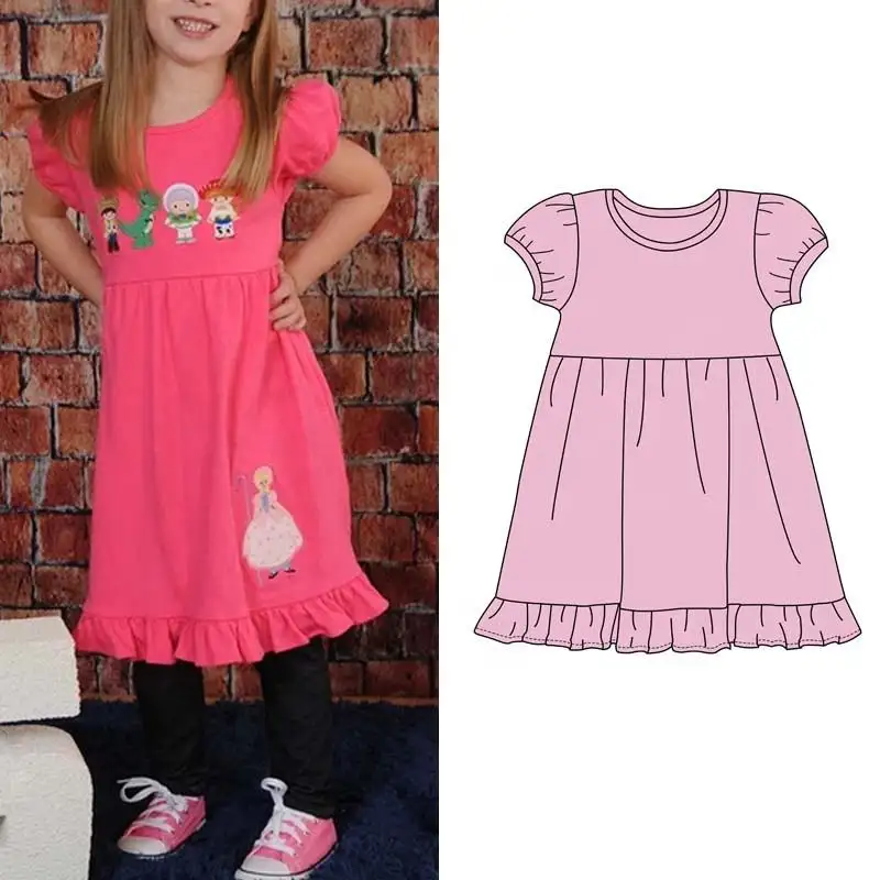 Hot Sale Custom Embroidery Kids Girls Short Sleeve Frock Dress 100% Cotton Blank Summer Girls Ruffle Dress