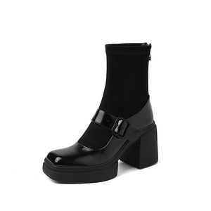 Botines de Cuero Clásicos Preppy con Tacón Cuadrado, Elásticos, de Piel de Vacuno, con Costuras, Suela Gruesa, Cierre de Cremallera Trasera, Versátiles y a la Moda - Product Image 6