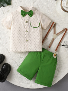 Adorable bébé garçon vert <span class=keywords><strong>blanc</strong></span> tenue ensemble chemise à pois nœud papillon bretelles Shorts élégant décontracté et vêtements de cérémonie - Product Image 2