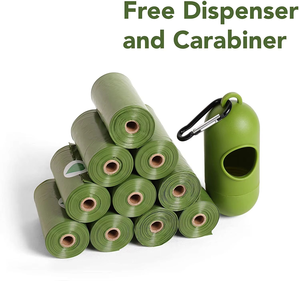 Sacs à déjections pour animaux de compagnie verts, imperméables, en rouleaux, avec distributeur en silicone et mousqueton pour les promenades en extérieur - Product Image 1