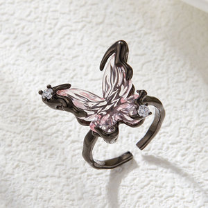 MyMuyu Transparent Pink 3D Butterfly Open <b>Ring</b> <b>Adjustable</b> For Women Insect Design Prong Setting - Product Image 4