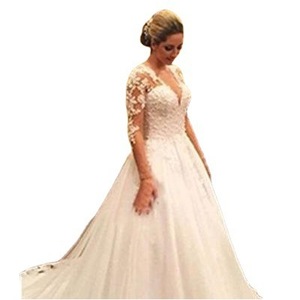 <b>White</b> Ball Gown Wedding Dress V Neck <b>Lace</b> Vintage Style Natural Waistline Polyester Fiber 1611 - Product Image 4