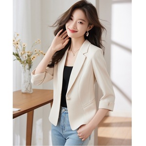 Women's Apricot Colored Summer Thin Blazer 3/4 Sleeve Solid Color Breathable Polyester Women's Blazers - Product Image 1