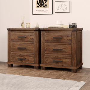 Comodino rustico in legno massello di recupero con tre cassetti, set da due pezzi - Product Image 6