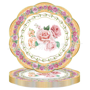 Assiettes en papier jetables à thème floral, design classique rond, pour les occasions de goûter, série rose, jaune, bleu - Product Image 4