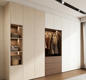 Armoire de chambre à coucher élégante en blanc et en bois avec étagère de rangement coulissante |   Étagère éclairée par LED et poignée longue minimaliste - Product Image 1