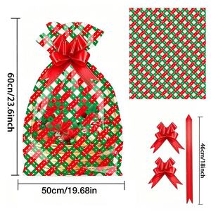 Sacs cadeaux de Noël en gros avec cordon de serrage, sacs en plastique imprimés sapin de Noël et carreaux, sacs à friandises pour fêtes de fin d'année pour enfants - Product Image 6