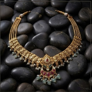 Conjunto de Joyería Étnica Tradicional Prayom, Collar y Aretes Chapados en Oro, Colgante con Perlas de Circonio para Boda, de Gujarat - Product Image 6