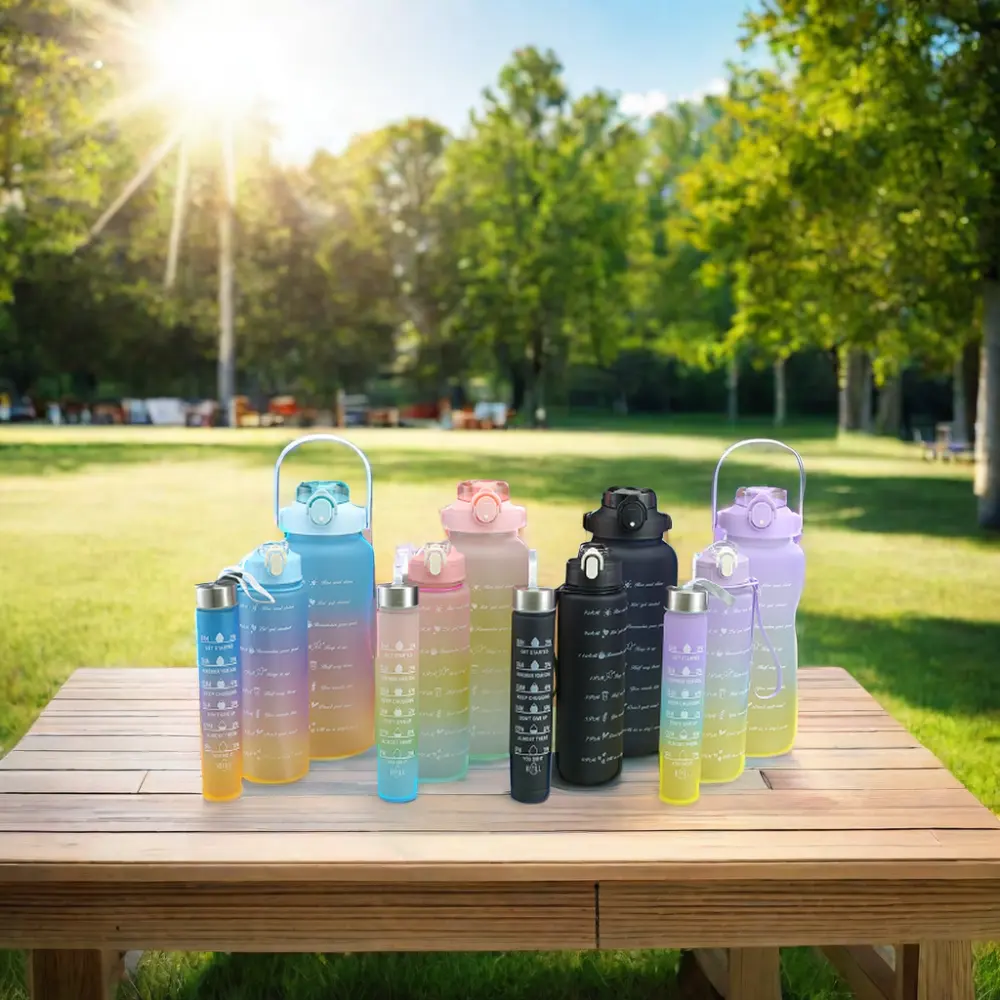 Botol Air Olahraga, Botol Minum Kapasitas Besar, Botol Minum Motivasi Portabel dengan Kendi Jerami, Hiking, Berkemah 3 Buah/Set