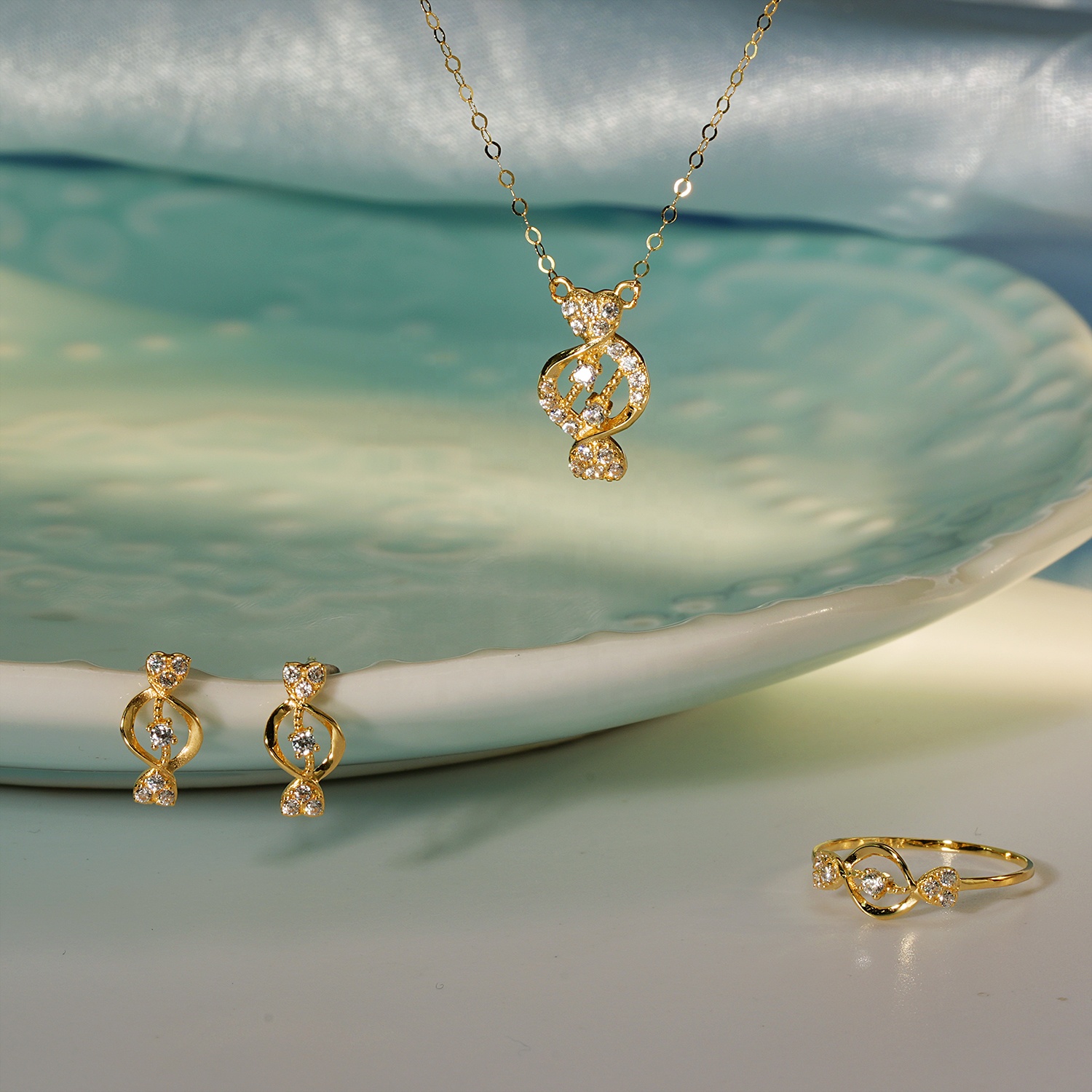 Women's 18K Gold Necklace Earrings 14K Ring Set Fine Cute Sweet