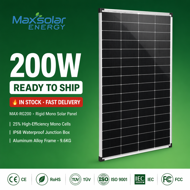 Maxsolar 200W 12V Monocrystalline BIPV TOPCON Solar Panel Tempered Glass Aluminum Frame for RV Boat Marine Grid Home System