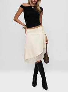 Jupe asymétrique superposée en satin avec ceinture, taille naturelle, longueur genou, détails brodés - Jupe décontractée printemps/automne - Product Image 2